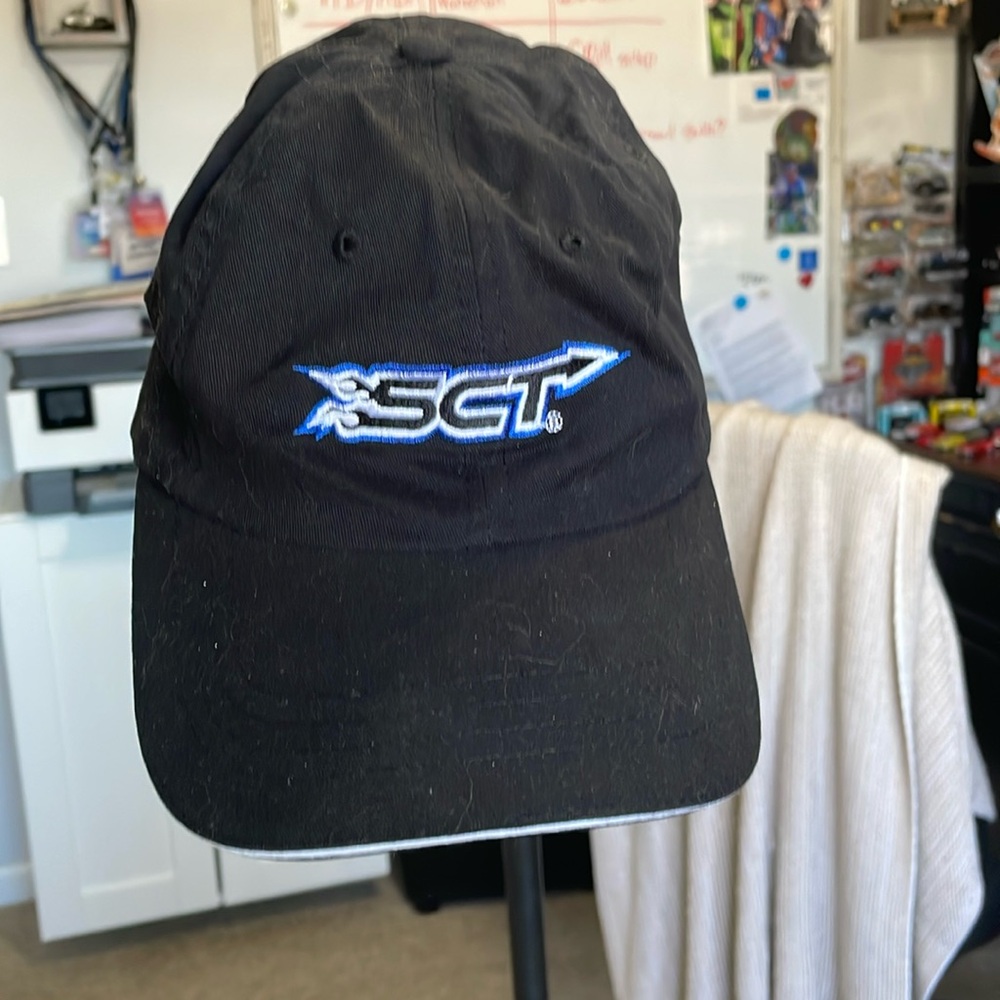 Sct black baseball hat with white and blue stitching